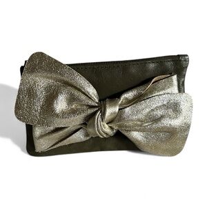 Olive Green Leather Pouch Bag with Metallic Gold Bow by And Mary